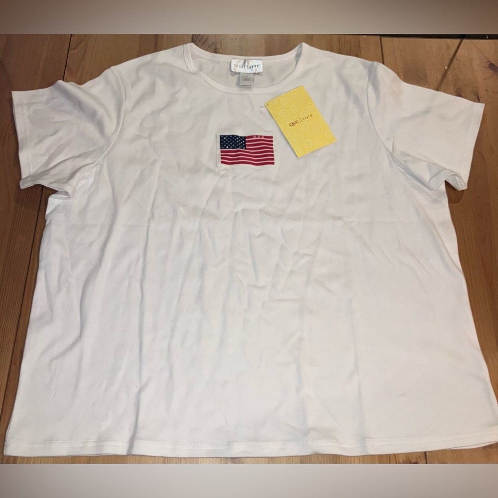 NWT Sport Savvy White Tee with American Flag Patch Size 2X Rare, Vintage